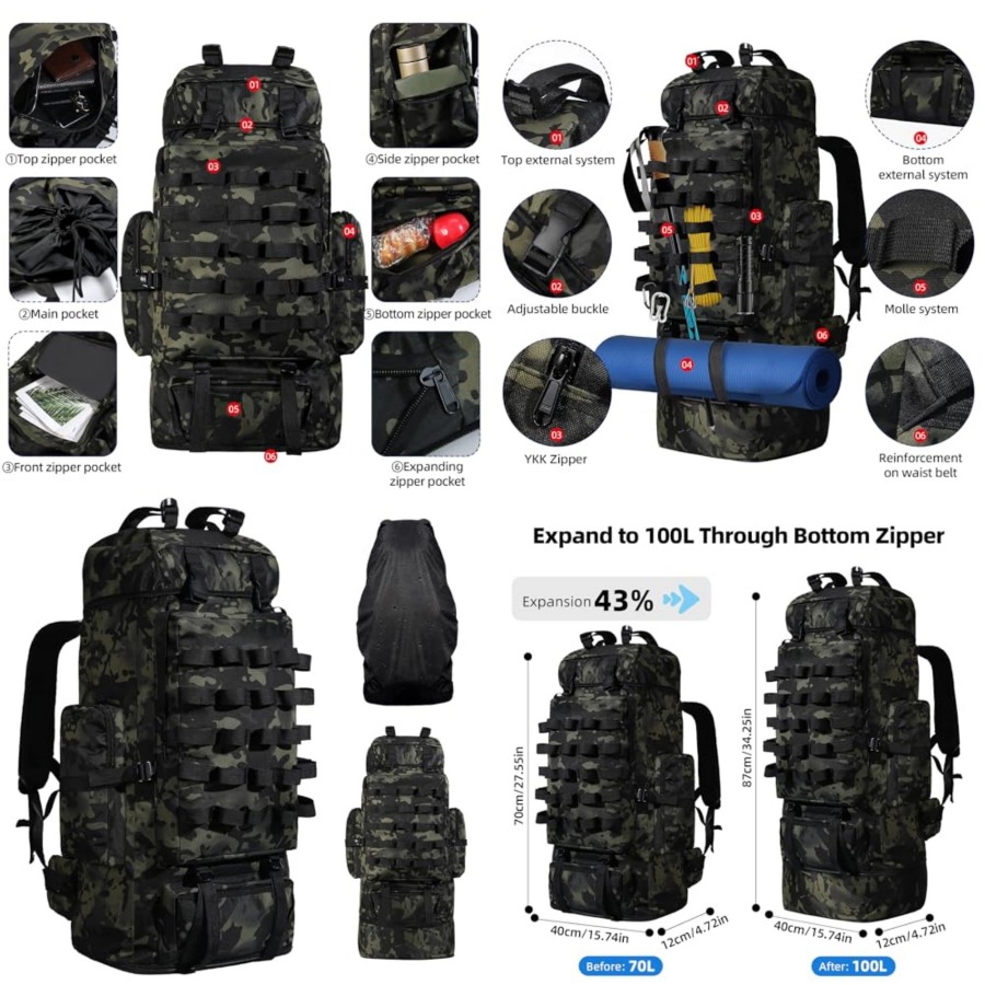 70L/100L Camping Hiking Backpa - Rain Cover Backpack reseña y precio